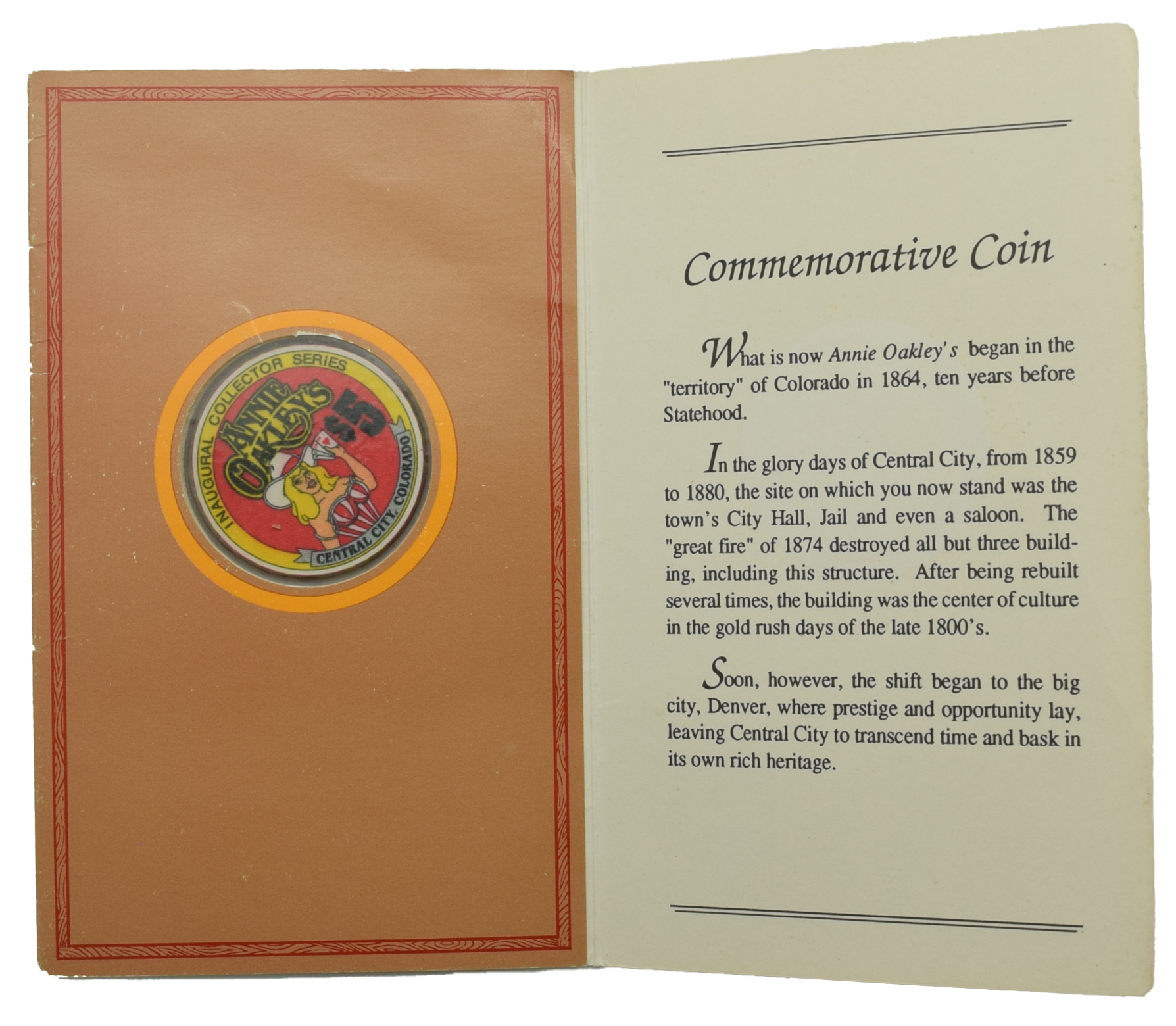 Annie Oakley's Casino Central City Colorado $5 Uncirculated Chip