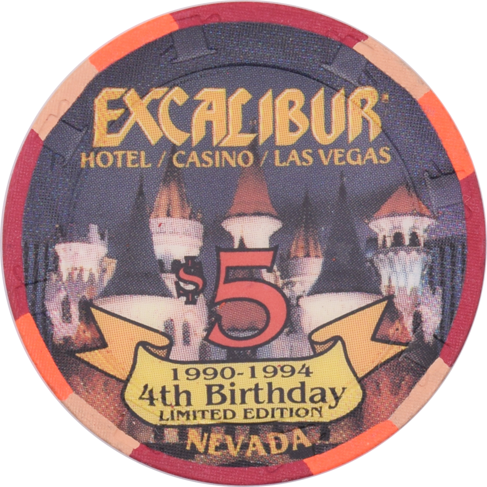 Excalibur Casino Las Vegas Nevada $5 4th Birthday Chip 1994