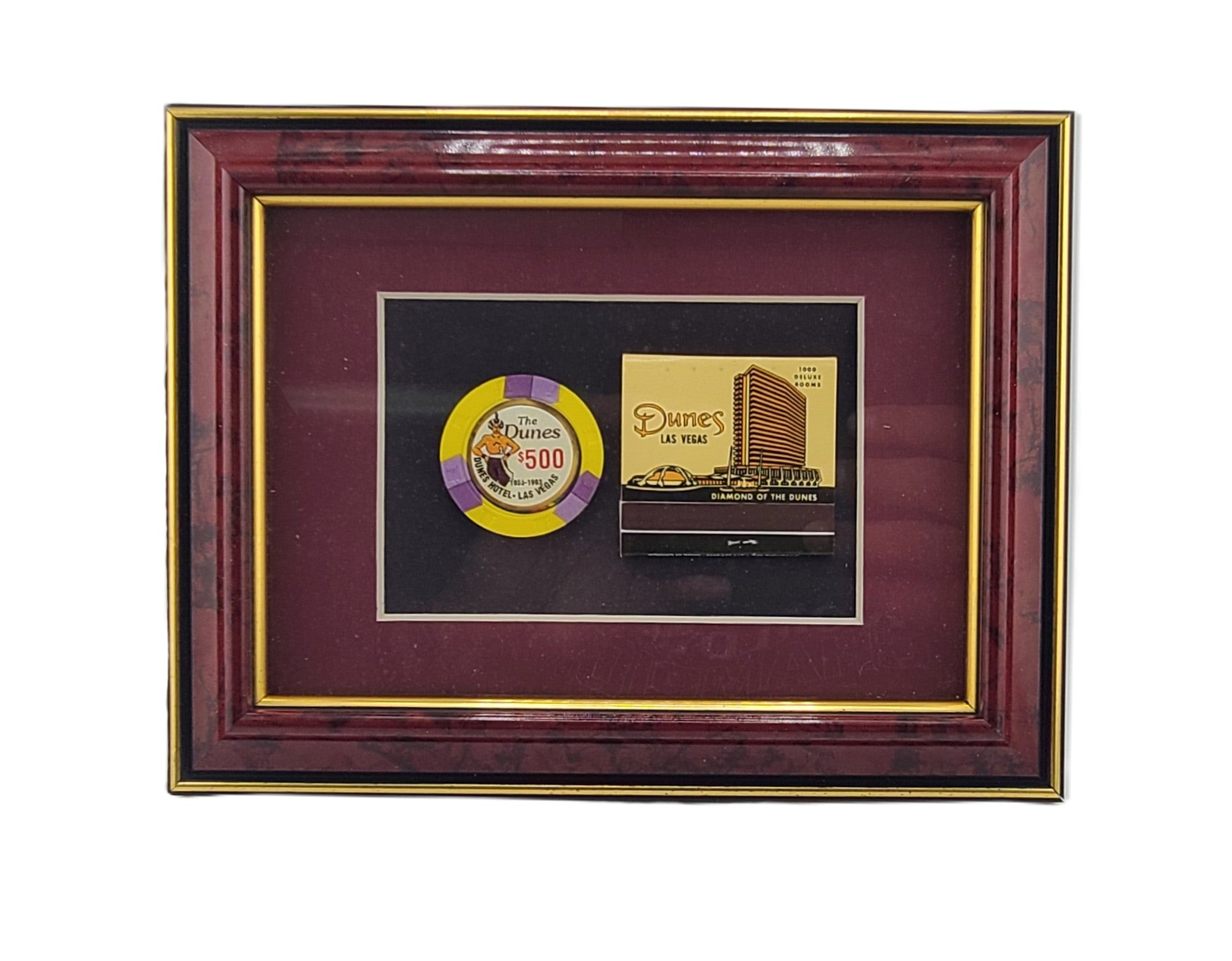 Vintage Casino 7 X 5 Frame Dunes Las Vegas $500 Chip and Matchbook