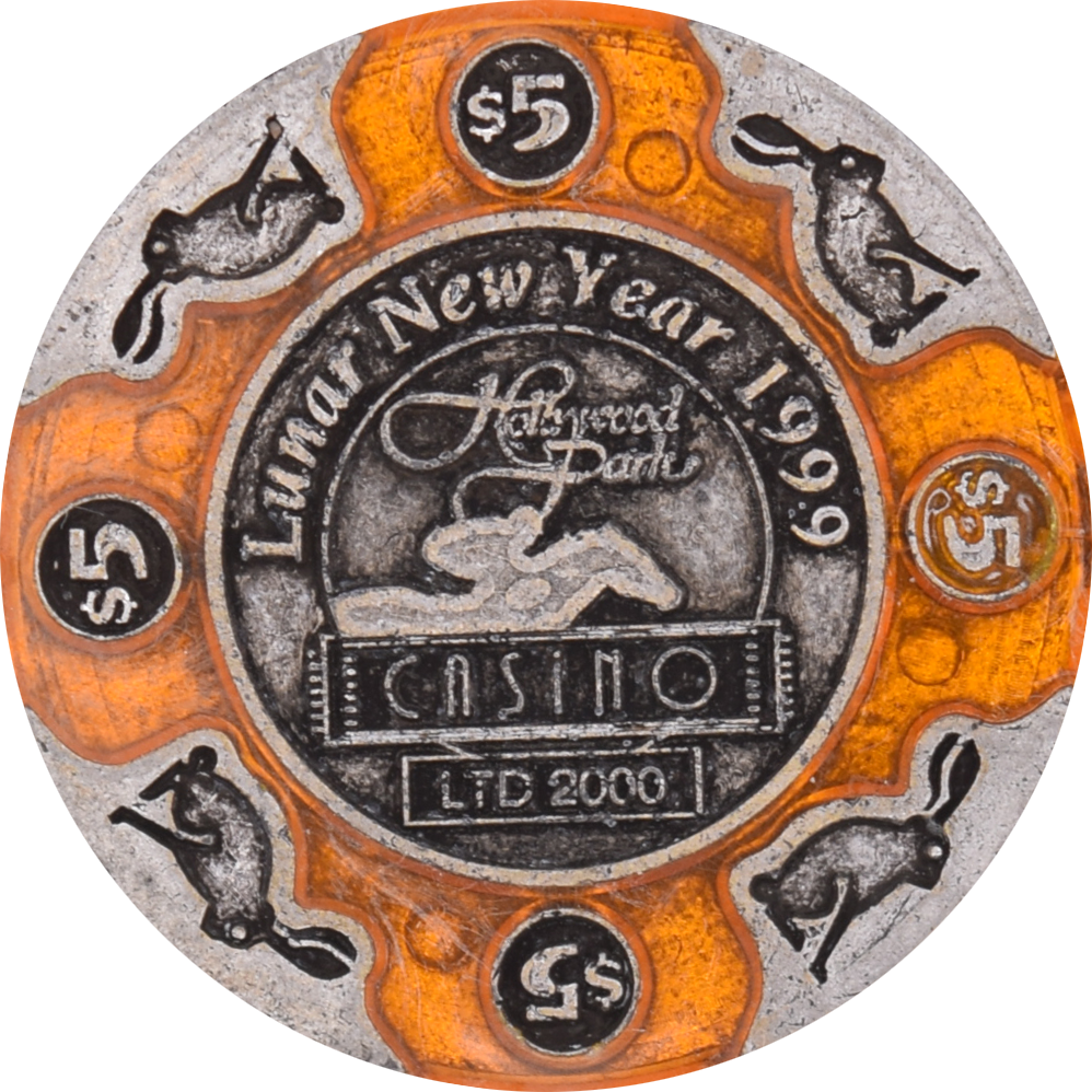 Hollywood Park Casino Inglewood California $5 Year of the Rabbit Brass Chip 1999