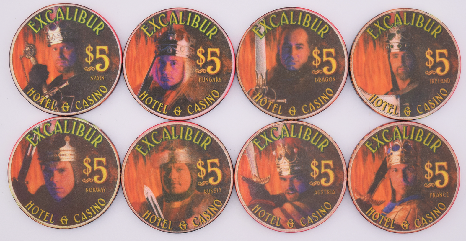Excalibur Casino Las Vegas Nevada Set of 8 Tournament of Kings $5 Chips 1999