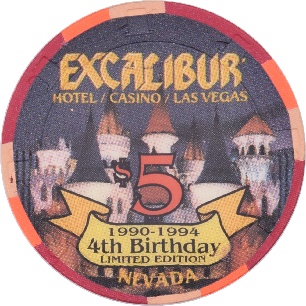 Excalibur Casino Las Vegas Nevada $5 4th Birthday Chip 1994