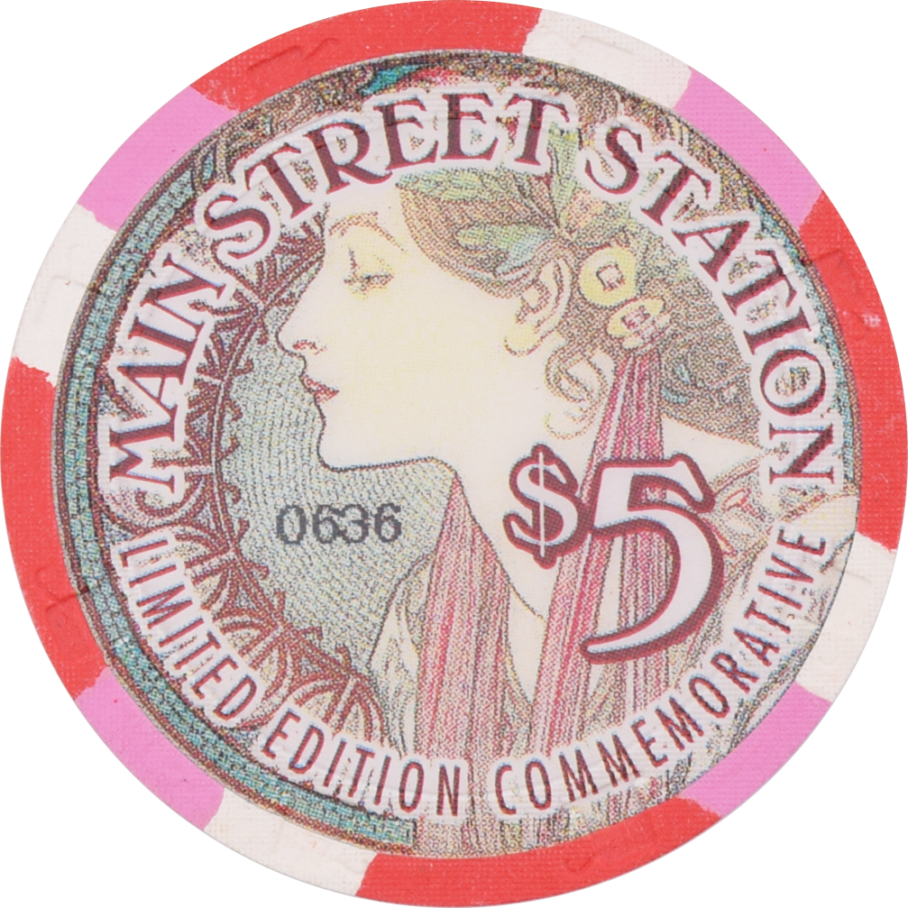 Main Street Station Casino Las Vegas Nevada $5 "Lady in Green" Chip 1997