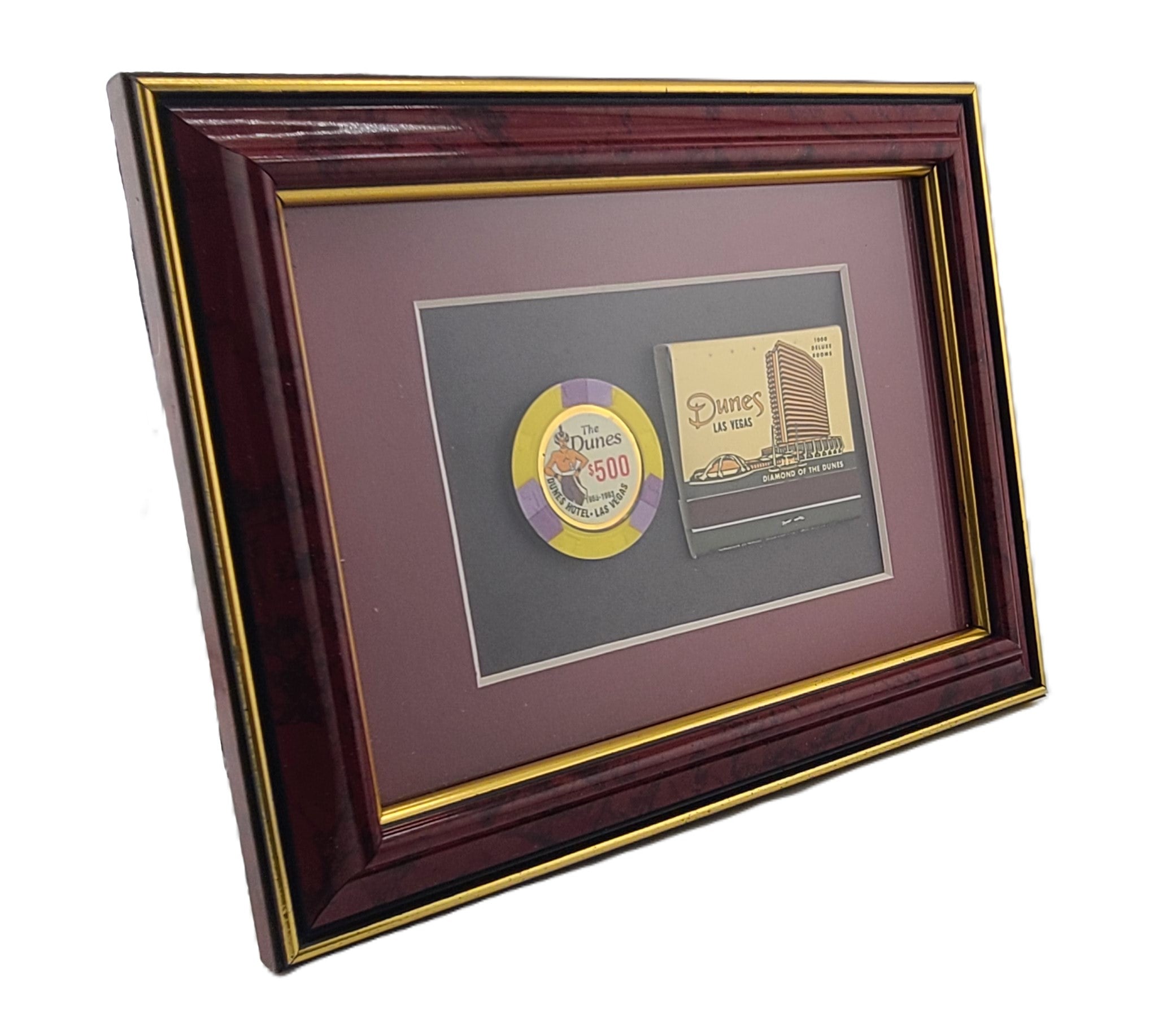 Vintage Casino 7 X 5 Frame Dunes Las Vegas $500 Chip and Matchbook