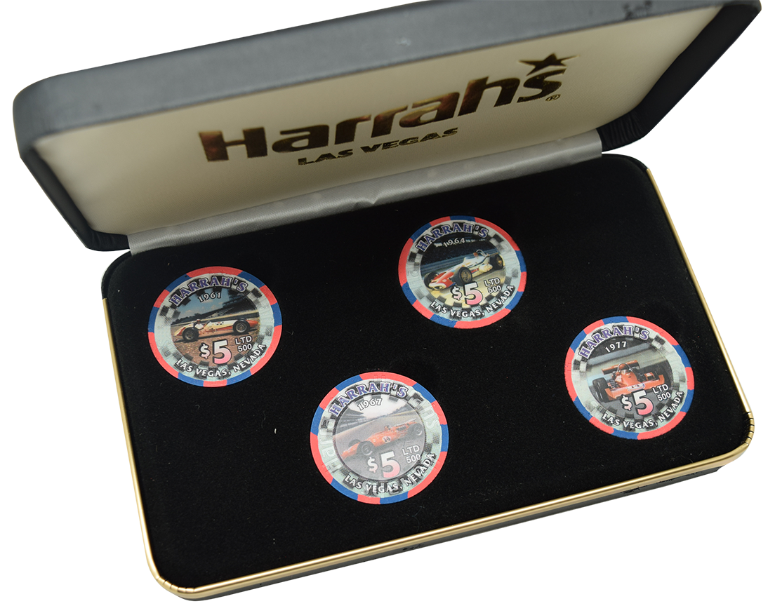 Harrah's Casino Las Vegas Nevada Set of 4 Different Race Car $5 Chips with Case 2001