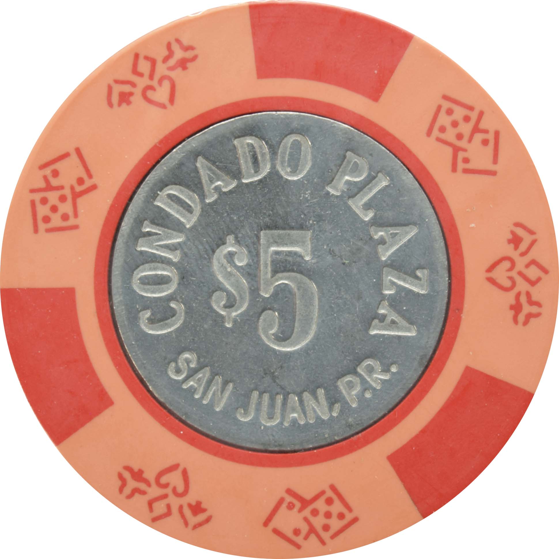 Condado Plaza Casino San Juan Puerto Rico $5 Pink Coin Inlay Chip