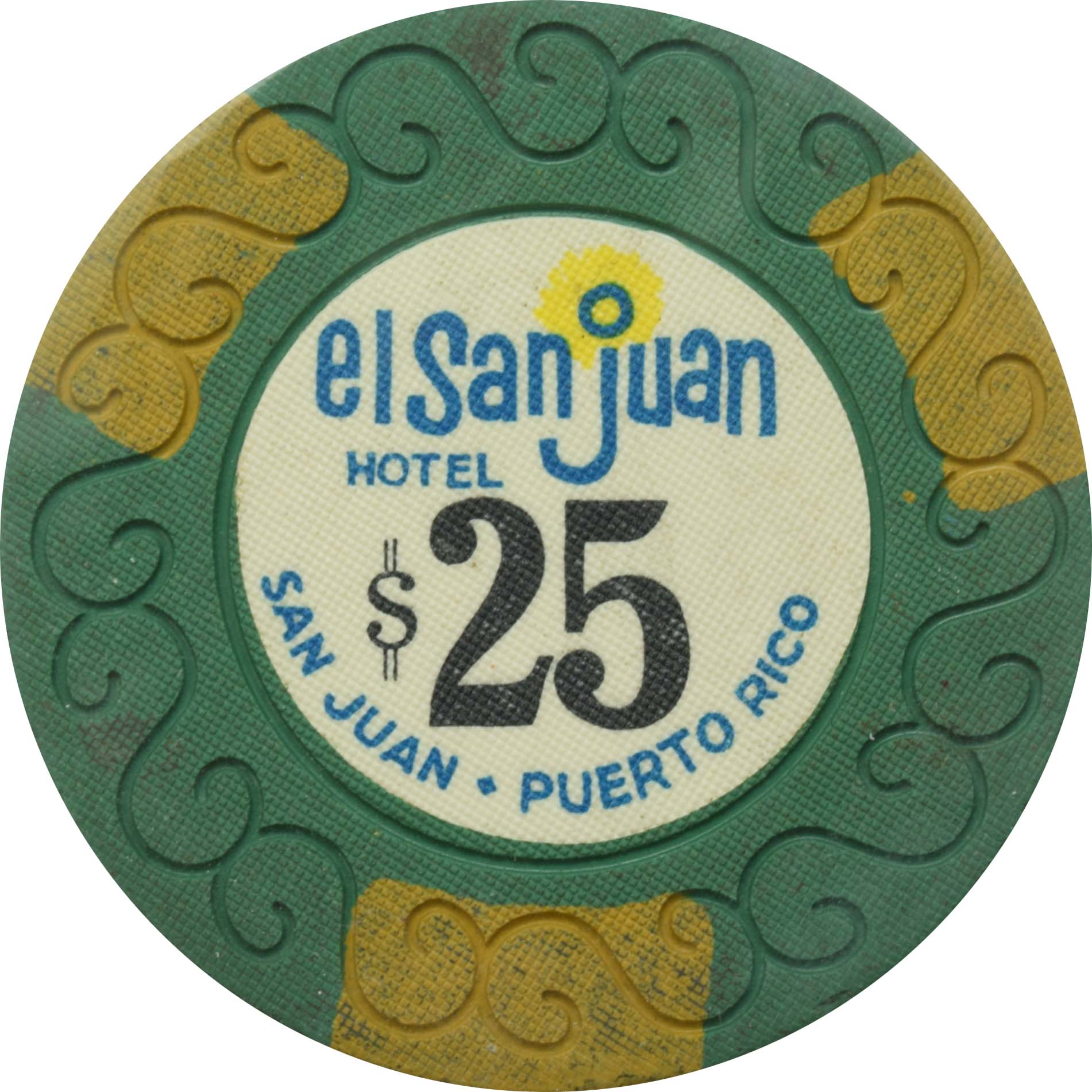 El San Juan Hotel Casino Isla Verde Puerto Rico $25 Scroll Yellow Edgespots Chip