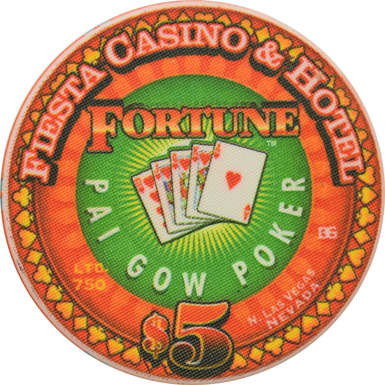 Fiesta Casino North Las Vegas Nevada $5 Fortune Pai Gow Hearts Chip 2002