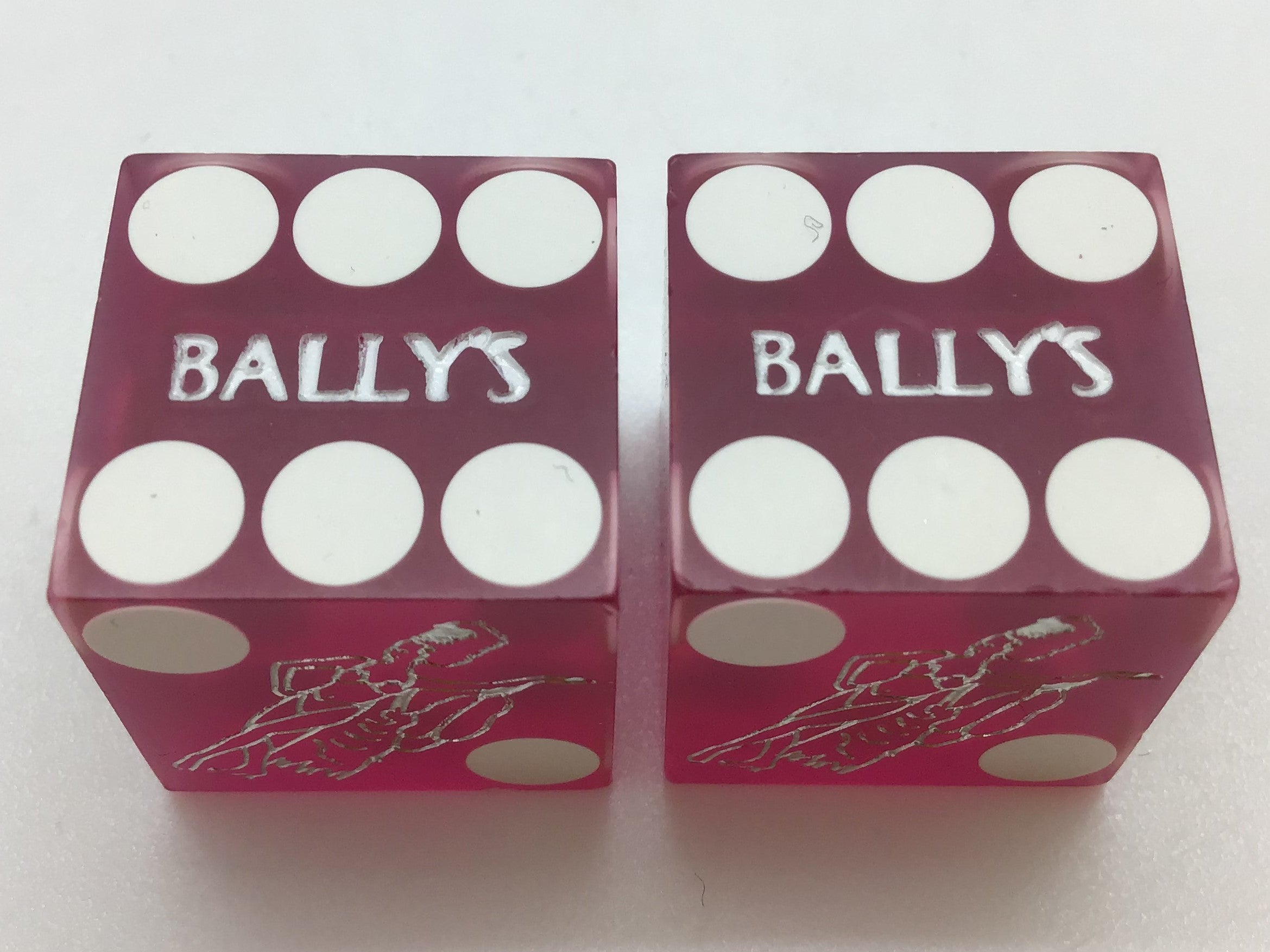 Bally's Casino Las Vegas Nevada Purple Sanded Jubilee Dancer Dice Pair Matching Numbers