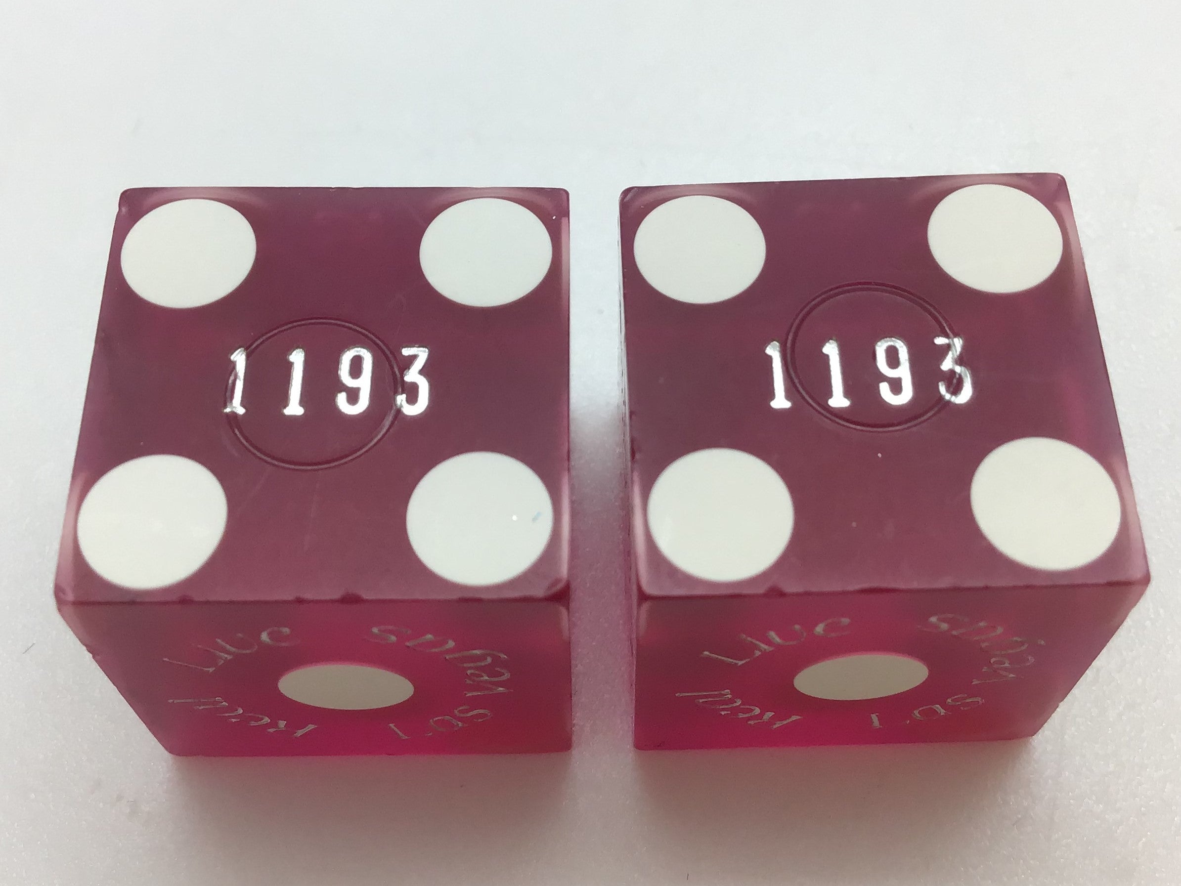 Bally's Casino Las Vegas Nevada Purple Sanded Jubilee Dancer Dice Pair Matching Numbers