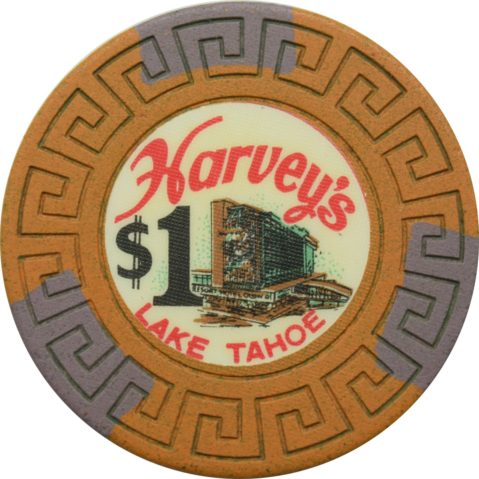 Harvey's Casino Lake Tahoe Nevada $1 Tan/Brown Inlay Chip 1964