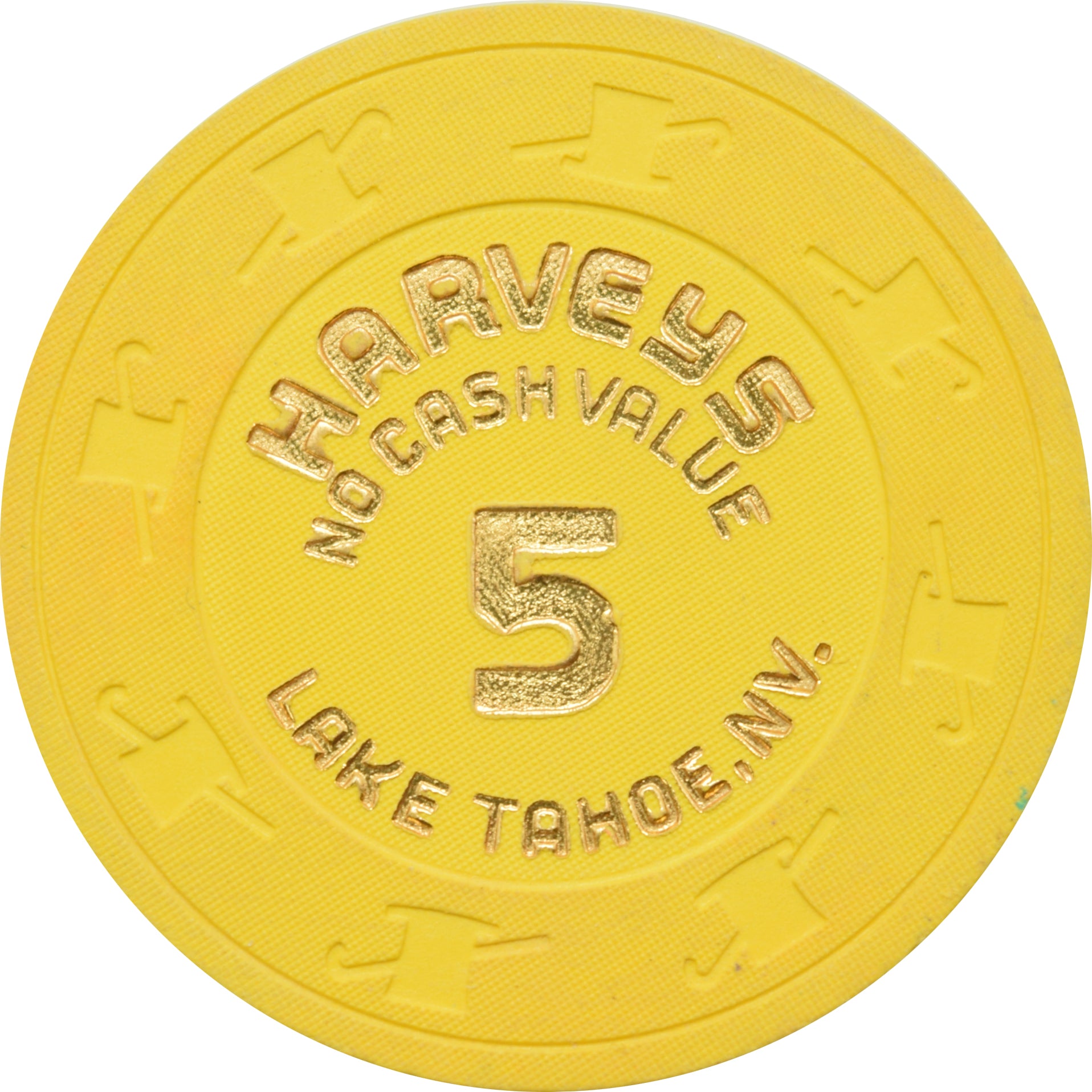 Harvey's Casino Lake Tahoe Nevada $5 No Cash Value Yellow Chip 1980s