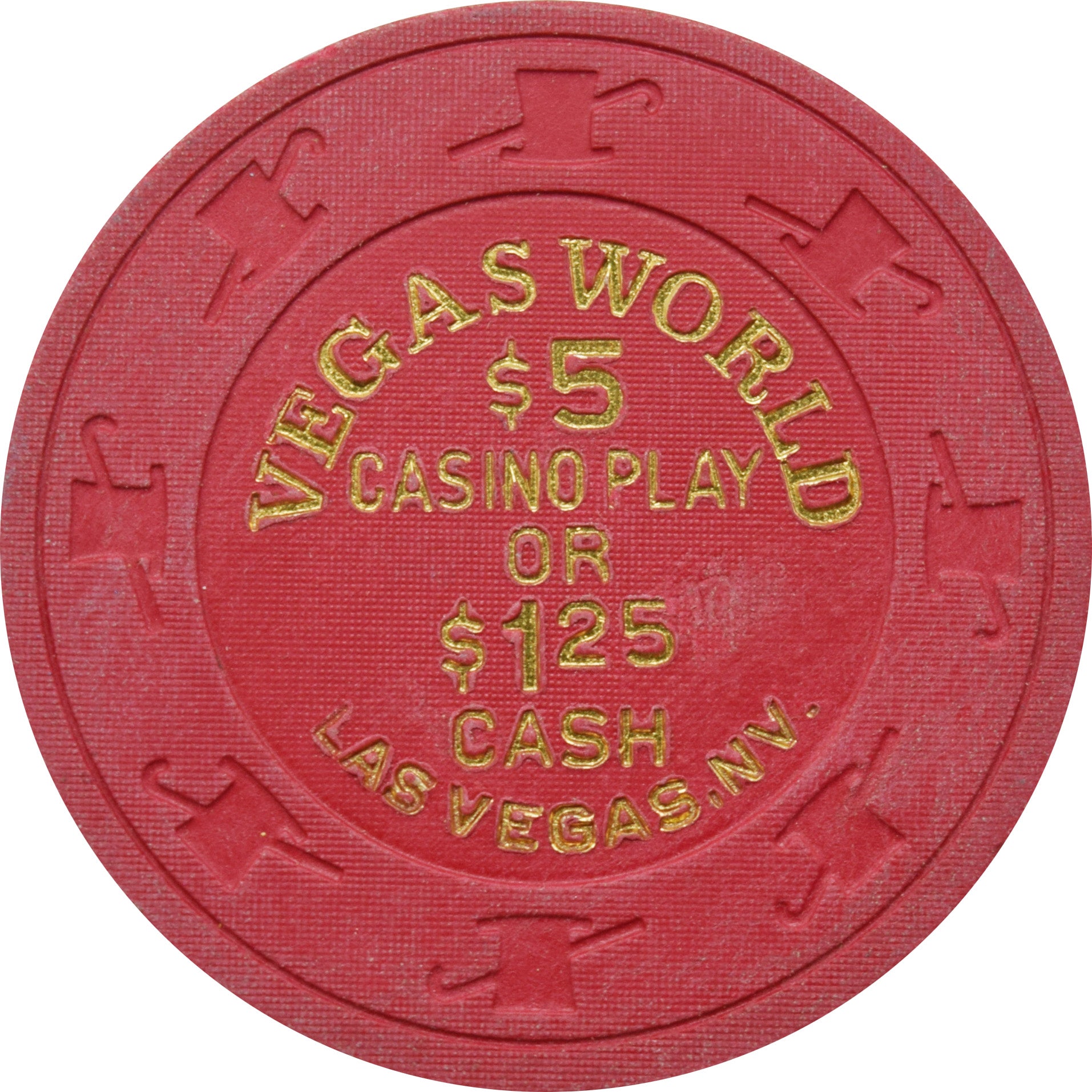 Vegas World Casino Las Vegas Nevada $5 Casino Play or $1.25 Cash Chip 1990 (Red)