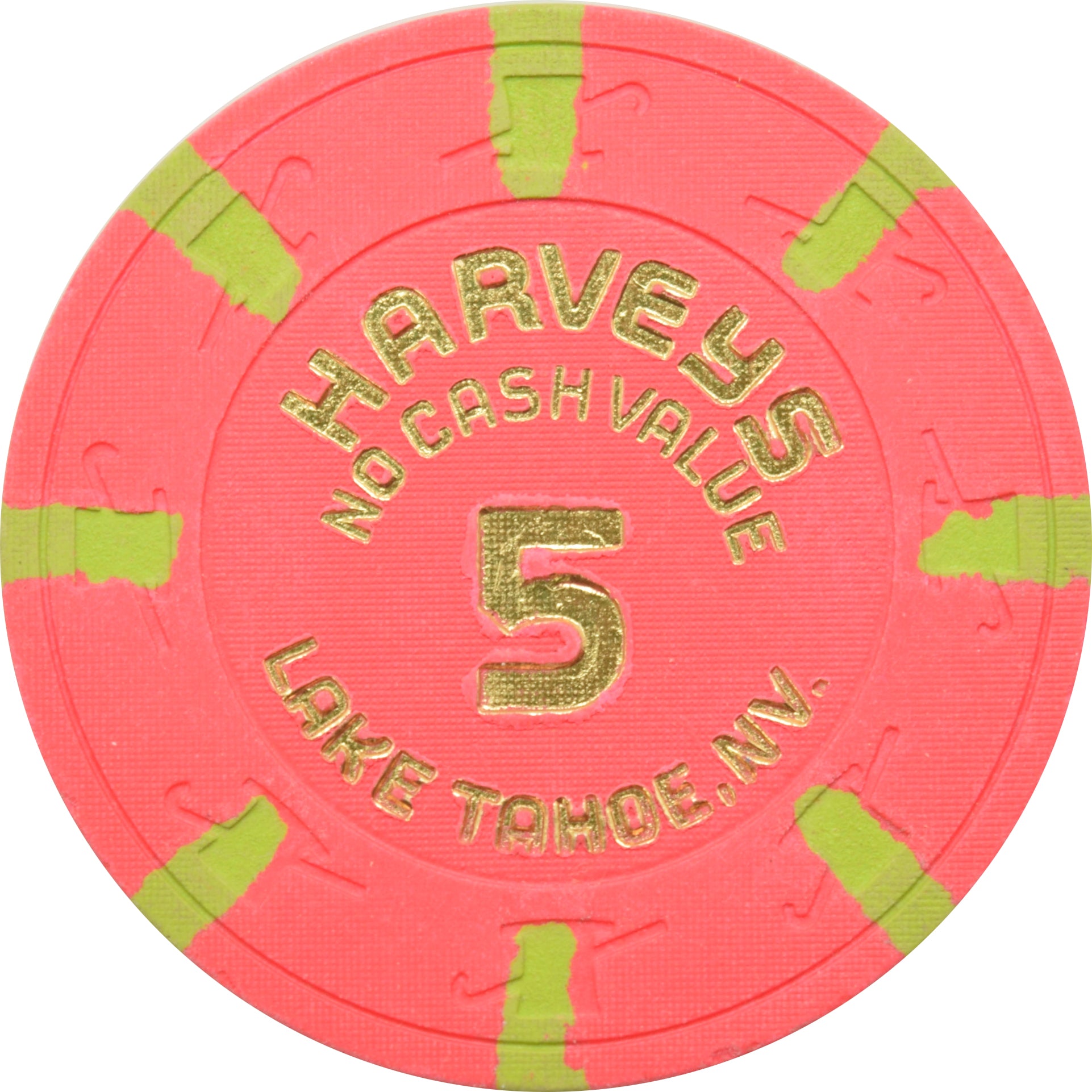 Harvey's Casino Lake Tahoe Nevada $5 No Cash Value Pink with Edge Spots Chip 1990