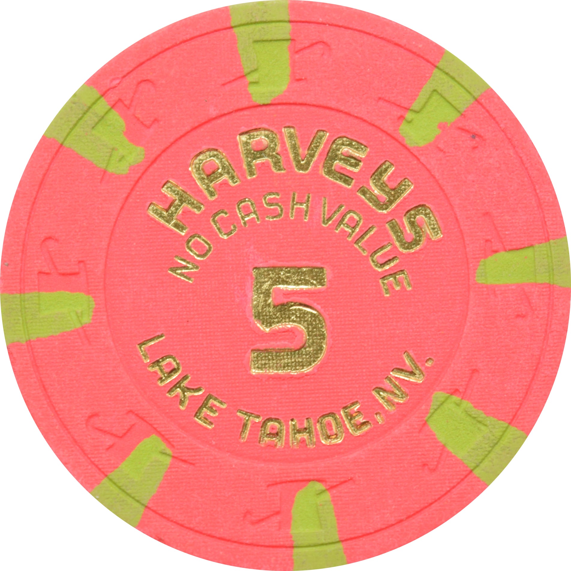 Harvey's Casino Lake Tahoe Nevada $5 No Cash Value Pink with Edge Spots Chip 1990