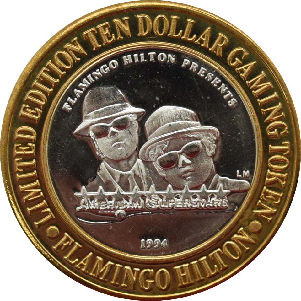 Flamingo Hilton Casino Reno "American Superstars Blues Brothers" $10 Silver Strike .999 Fine Silver 1994