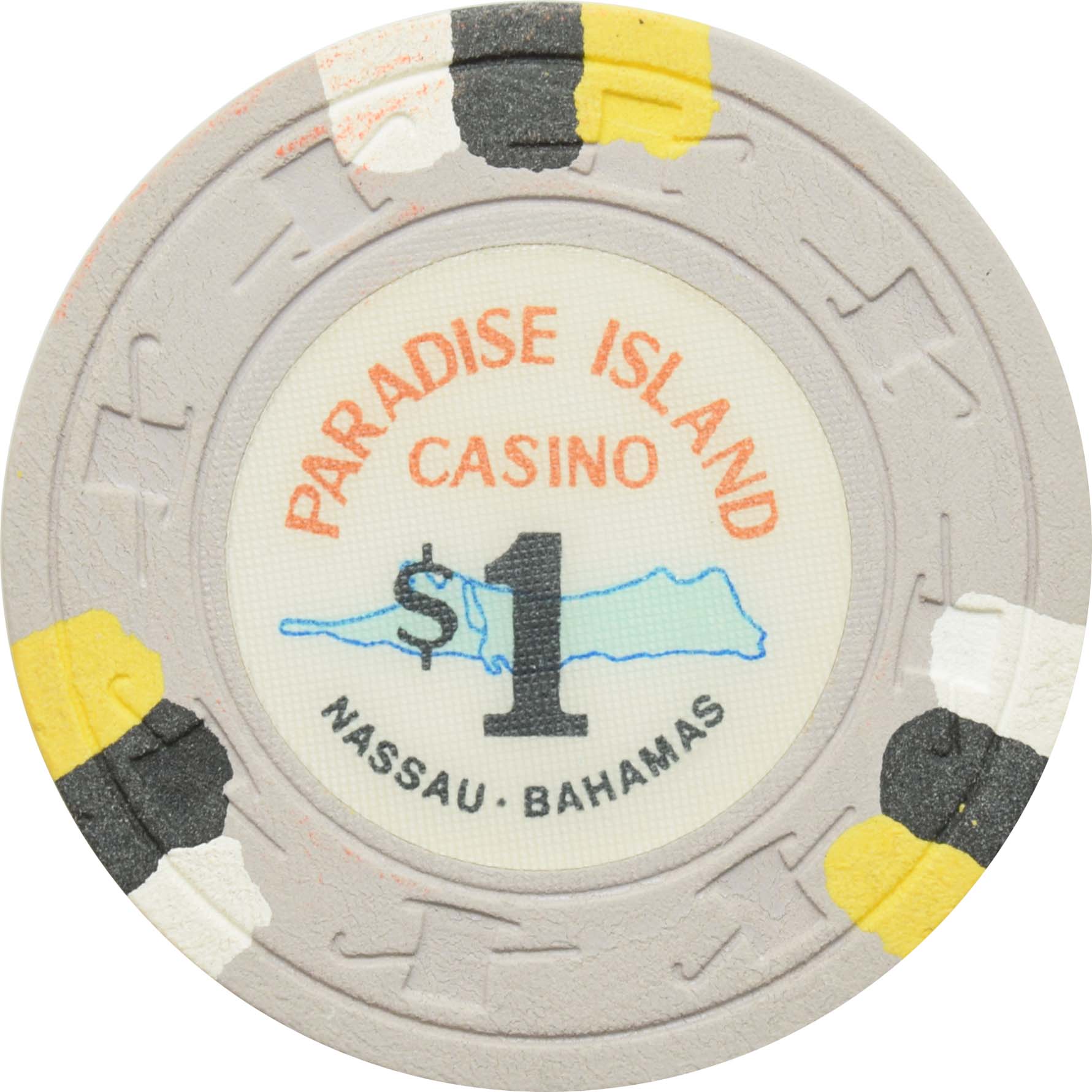 Paradise Island Casino Paradise Island Bahamas $1 Chip (3 White/Black/Yellow Edgespots)